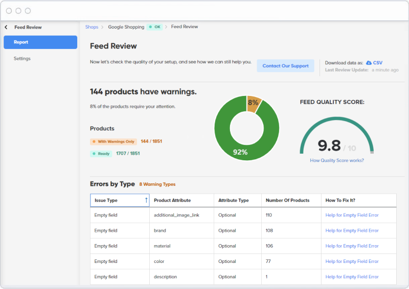 DataFeedWatch Feed Review report with a feed quality score and errors by type