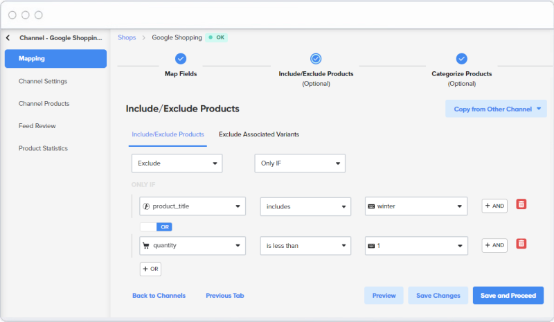 DataFeedWatch include and exclude rule removing out-of-stock products from the feed