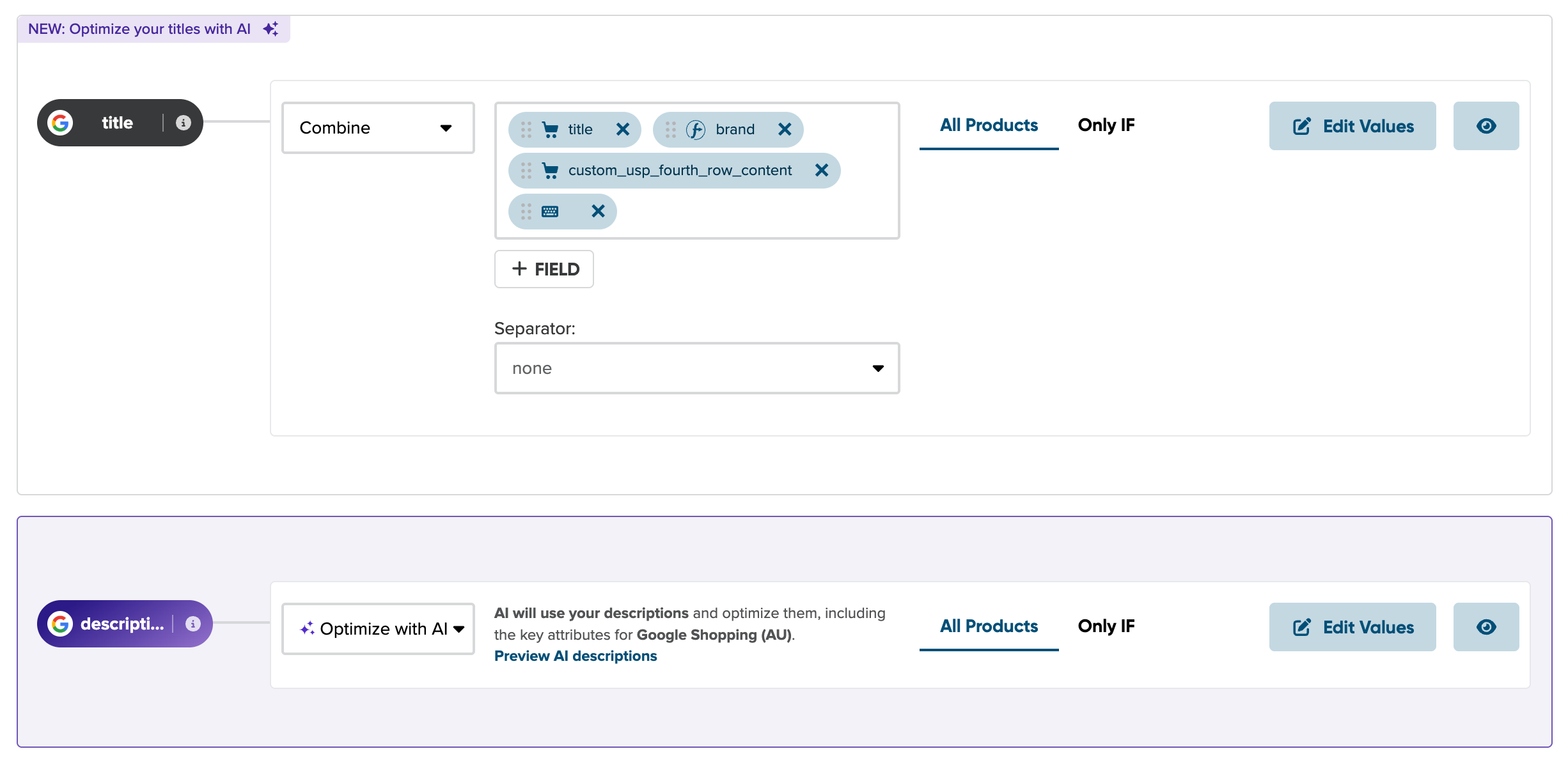Optimising a product title and description with rules and AI in DataFeedWatch